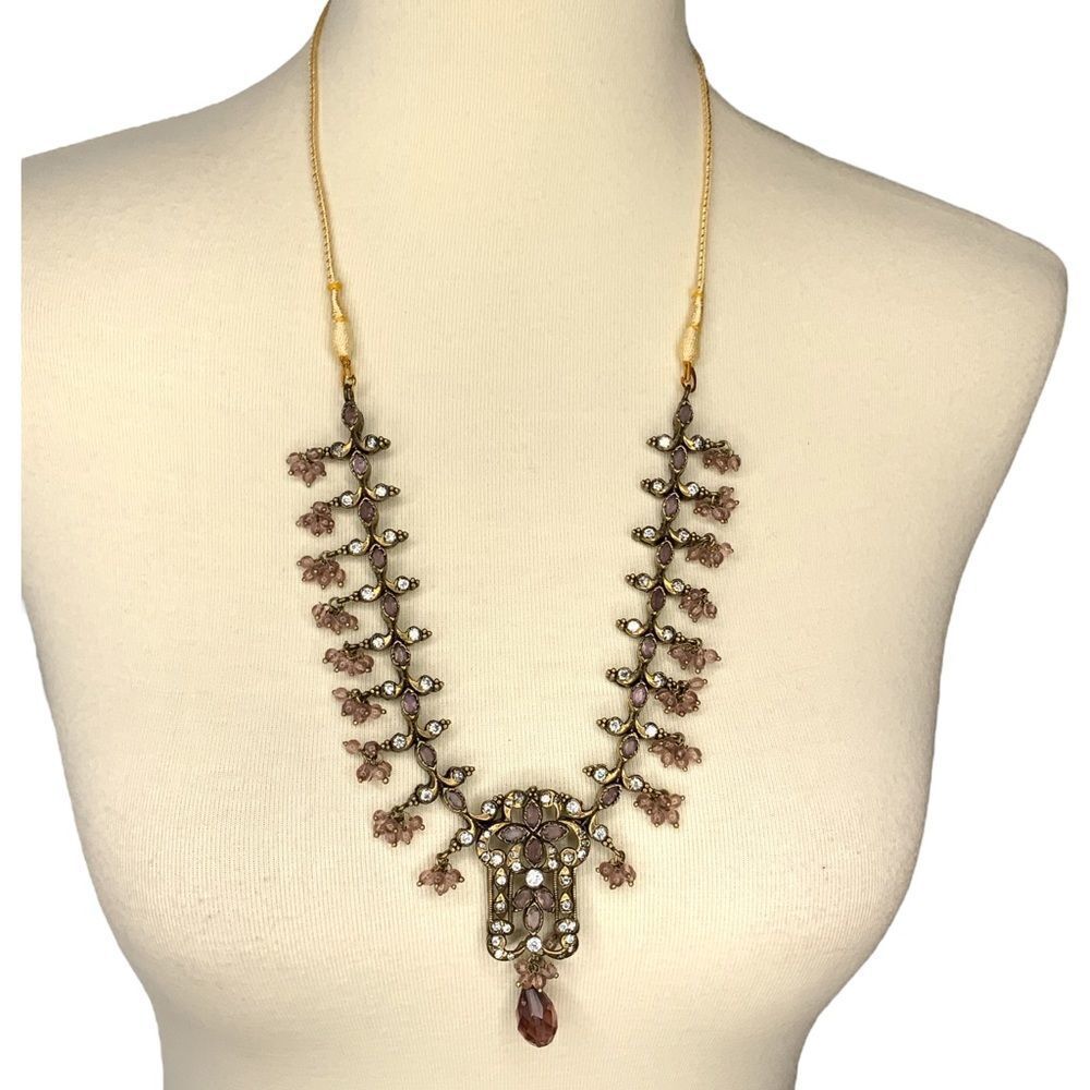 Rhinestone and beads brown & burgundy adjustable necklace - Picture 2 of 11